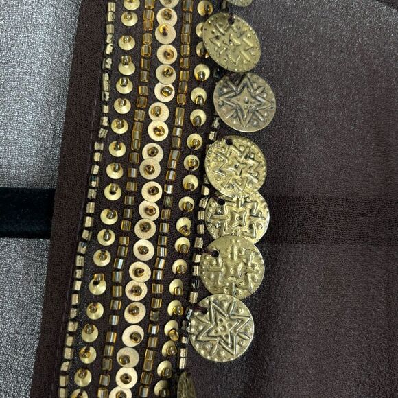 Vintage Women’s 2X Sheer Brown Caftan‎ Cover-Up Tunic Top Gold Embellished Trim - Picture 6 of 14